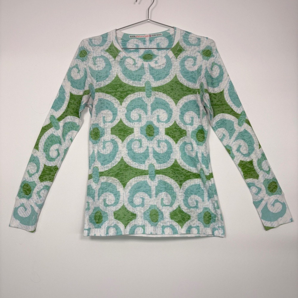 Before + Again Womens Top M Green Blue Scroll Print Burnout Thermal Knit 10507